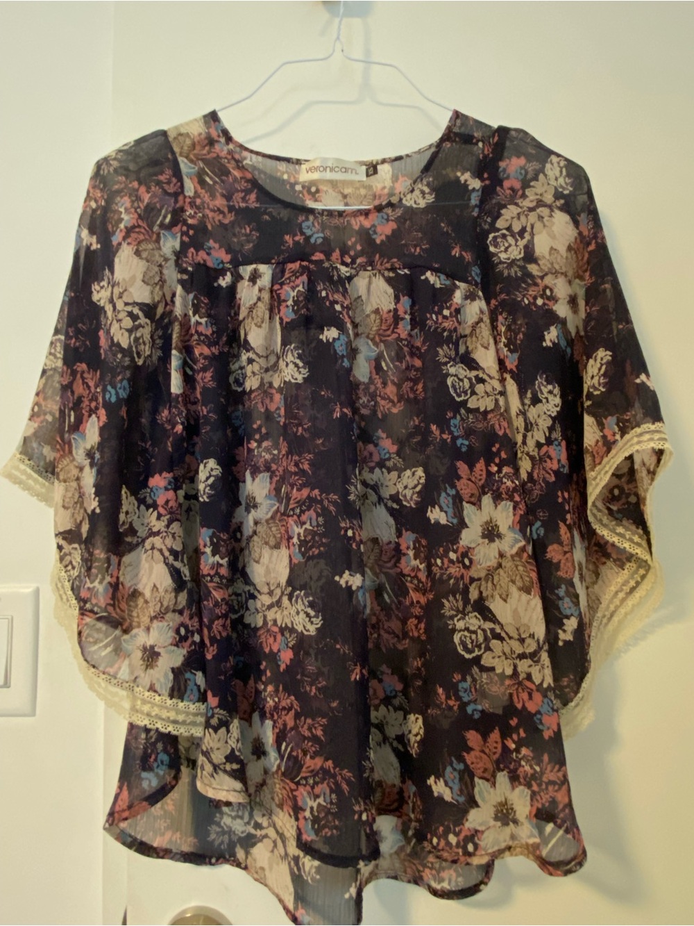 Veronica M Black Floral Sheer Top with Cream Lace Trim